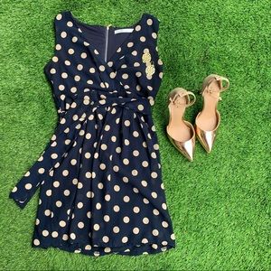 Sleeveless Navy Mini Dress with Gold Polka Dots
